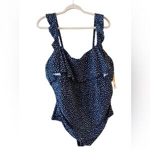 Kona Sol NWT Women’s Navy Blue White Polka Dot Ruffle One-Piece Swimsuit Size 22